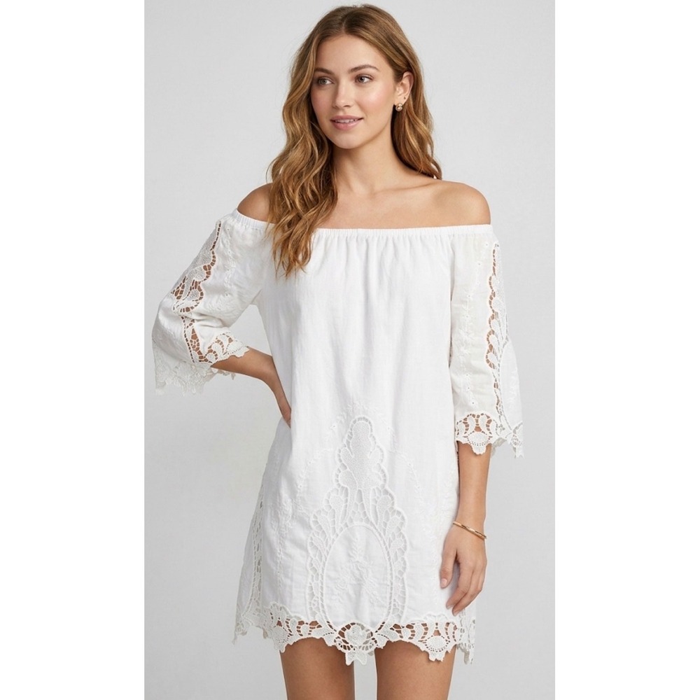 Cliche White Cotton Eyelet Lace Off‎ Shoulder Mini Dress Tunic Bell Sleeve Boho